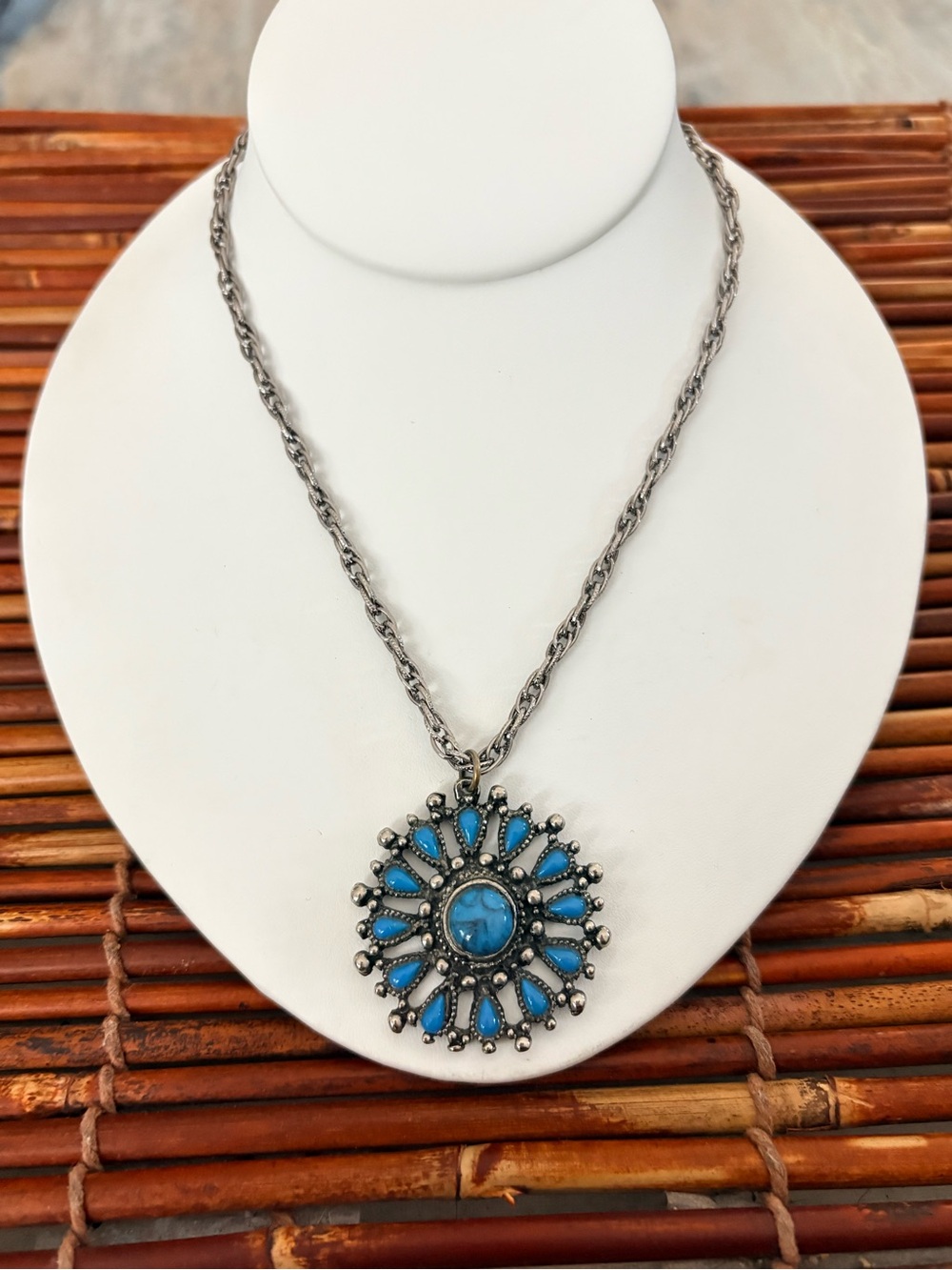 Vintage Silver -Tone Turquoise Sunburst Bohemian Pendant Necklace - Jewelry